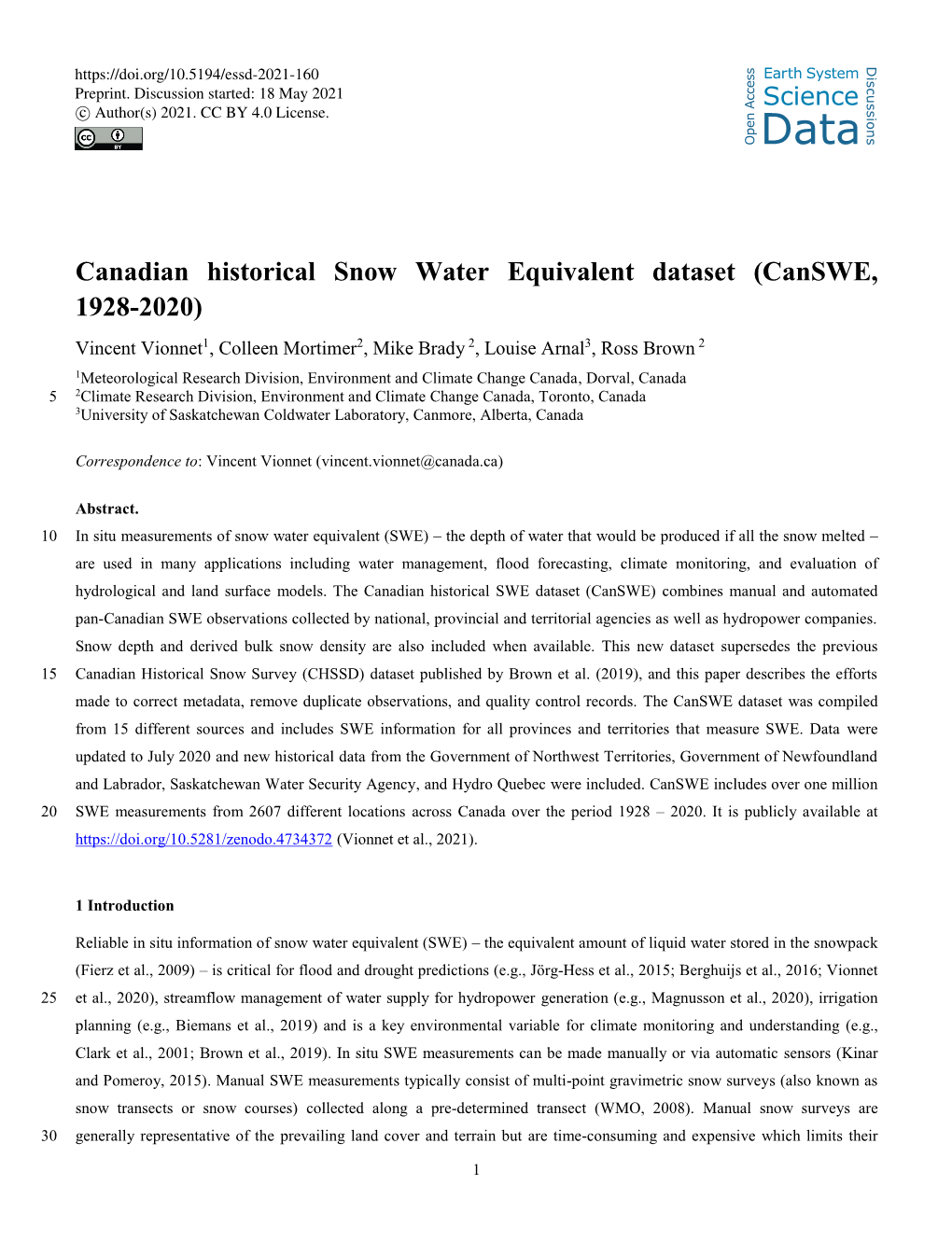 Canadian Historical Snow Water Equivalent Dataset