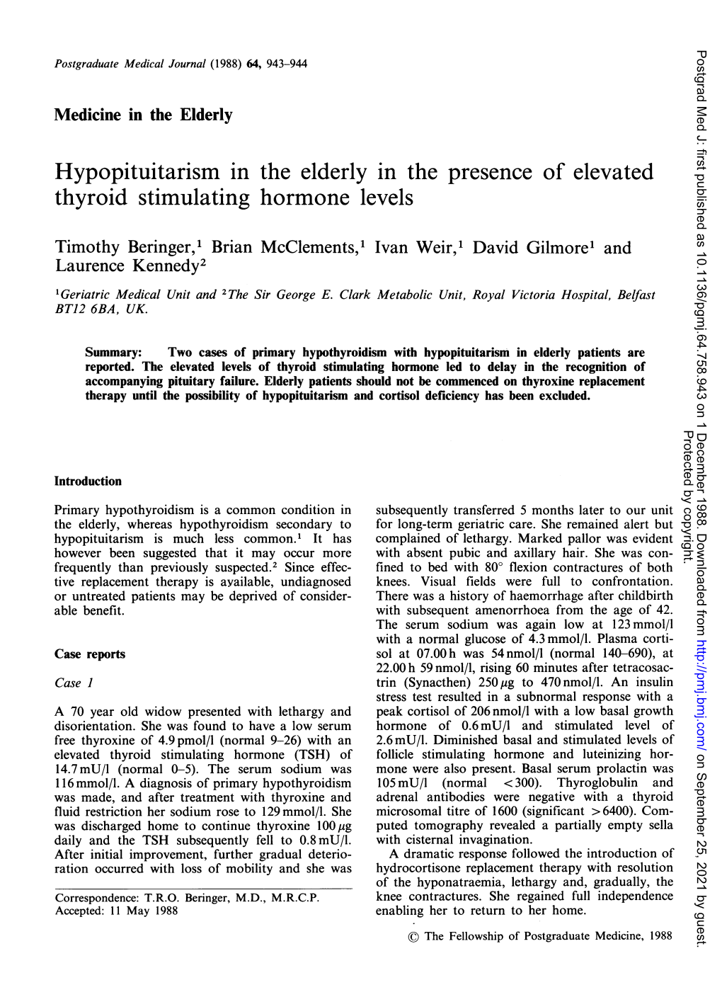 Hypopituitarism in the Elderly in the Presence of Elevated Thyroid Stimulating Hormone Levels