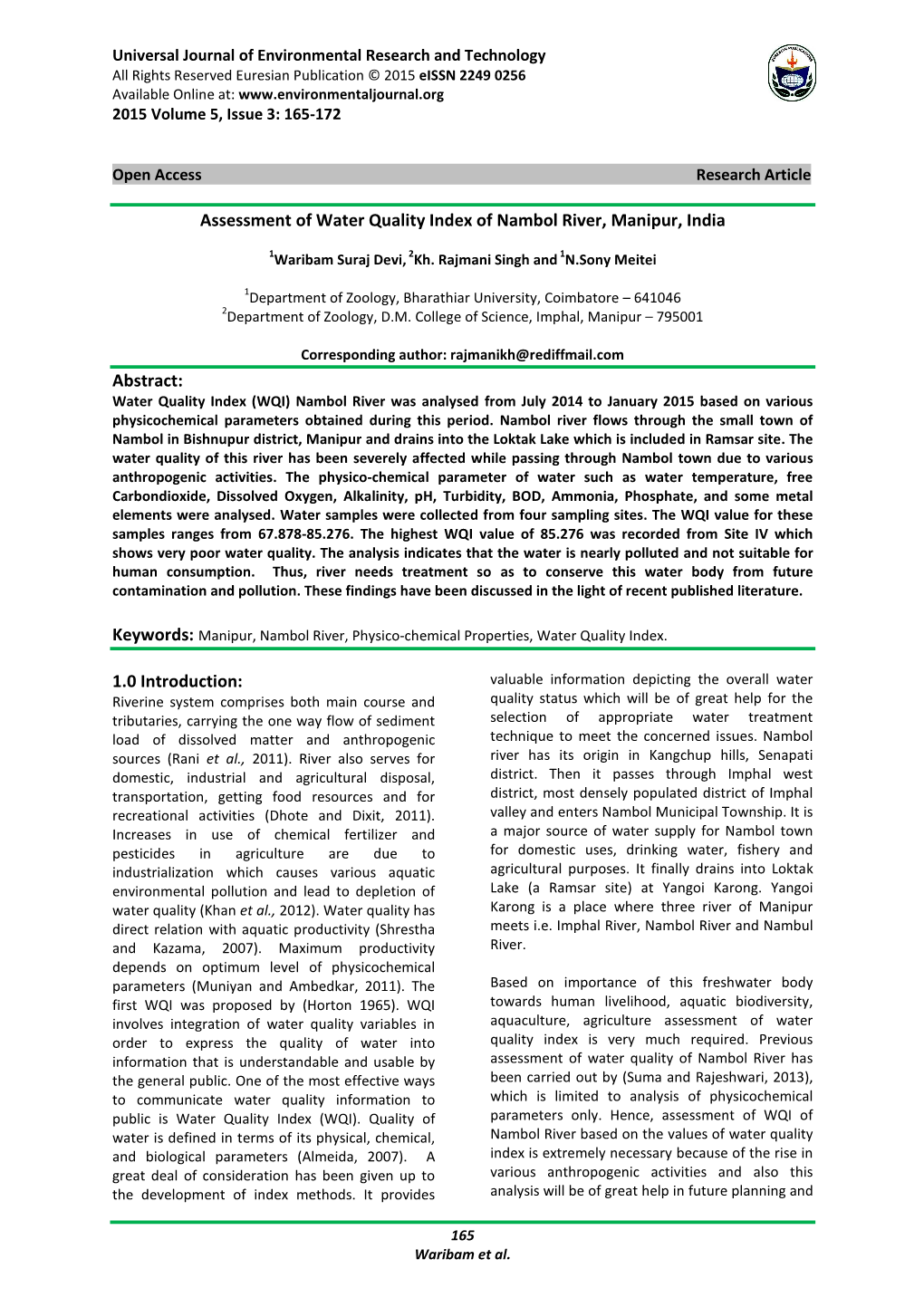 Assessment of Water Quality Index of Nambol River, Manipur, India