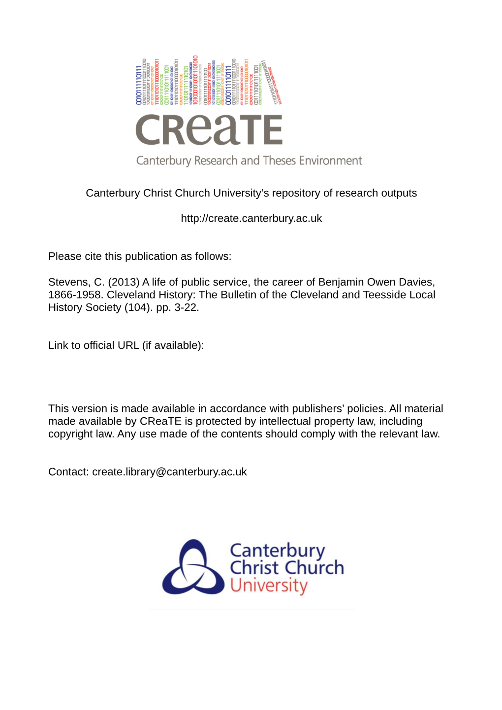 Canterbury Christ Church University's Repository of Research Outputs Http