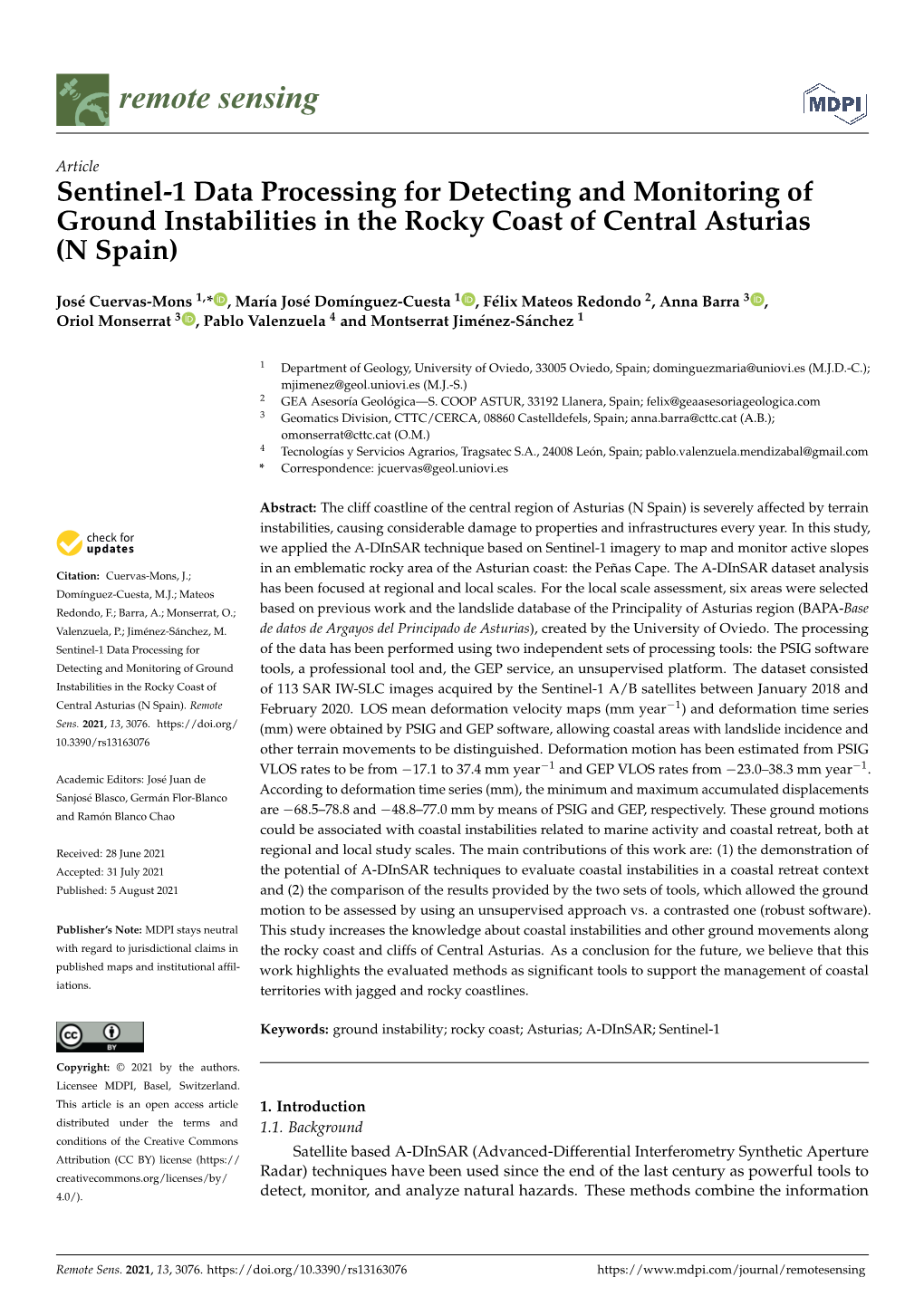 Sentinel-1 Data Processing for Detecting and Monitoring of Ground Instabilities in the Rocky Coast of Central Asturias (N Spain)