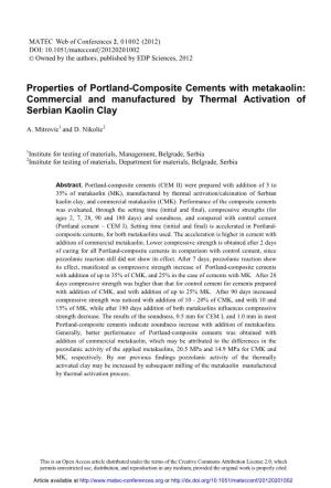 Properties of Portland-Composite Cements with Metakaolin: Commercial and Manufactured by Thermal Activation of Serbian Kaolin Clay