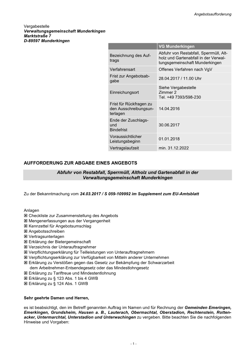 AUFFORDERUNG ZUR ABGABE EINES ANGEBOTS Abfuhr Von