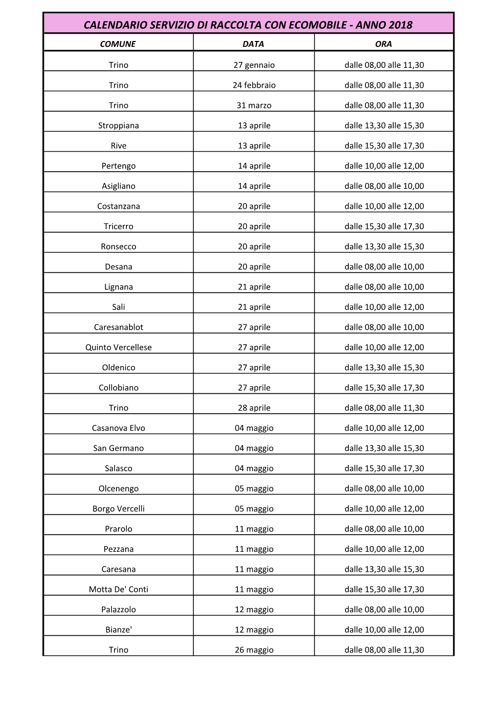 Calendario Servizio Ecomobile Anno 2018