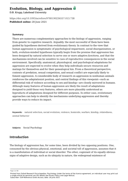 Evolution, Biology, and Aggression | Oxford Research Encyclopedia