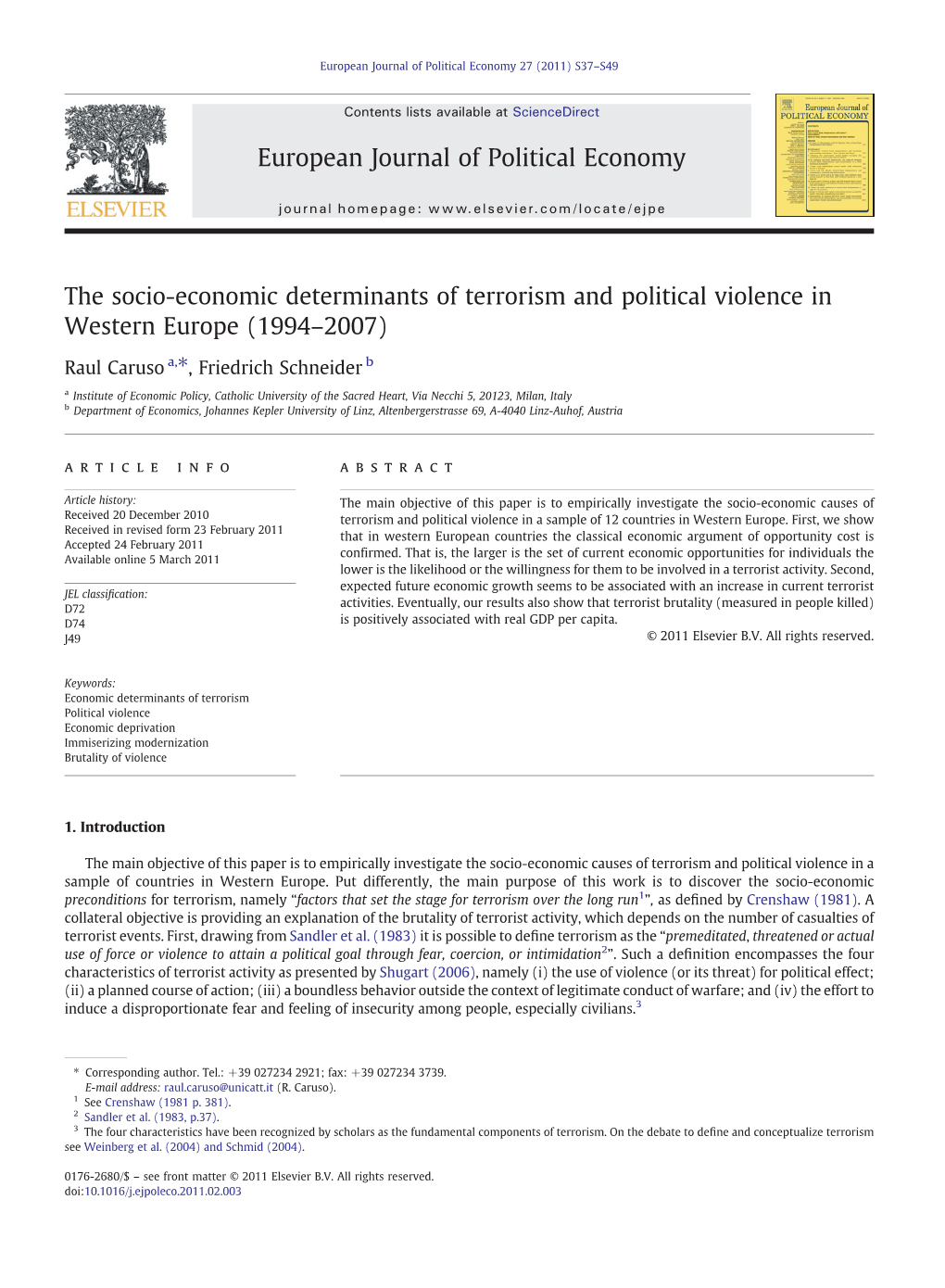 The Socio-Economic Determinants of Terrorism and Political Violence in Western Europe (1994–2007)