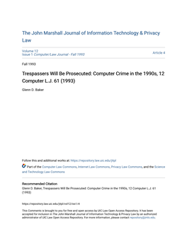Trespassers Will Be Prosecuted: Computer Crime in the 1990S, 12 Computer L.J