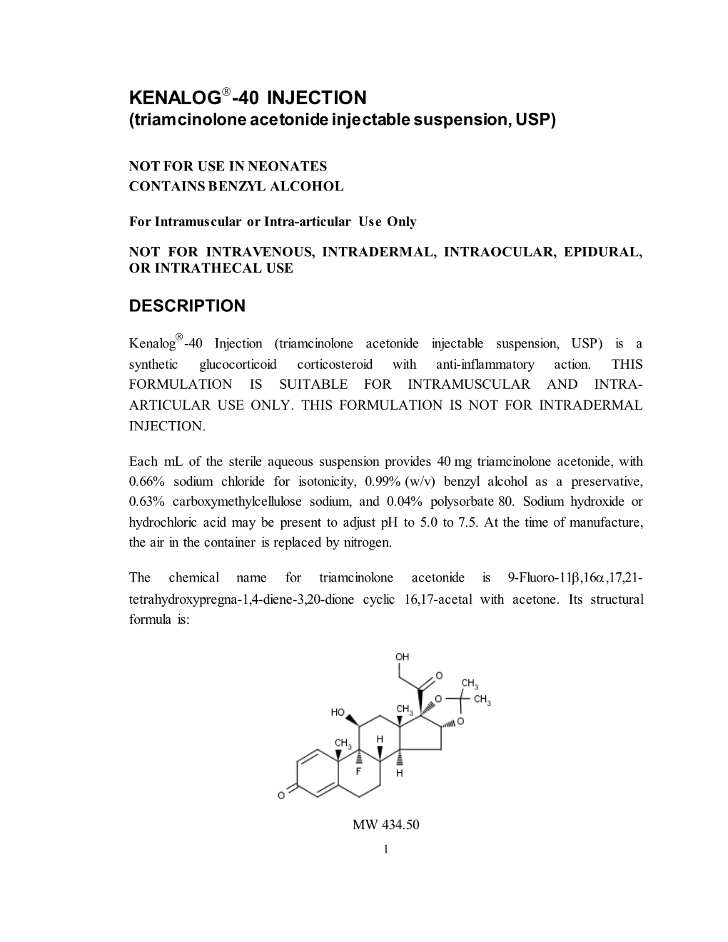 KENALOG -40 INJECTION (Triamcinolone Acetonide Injectable Suspension, USP)