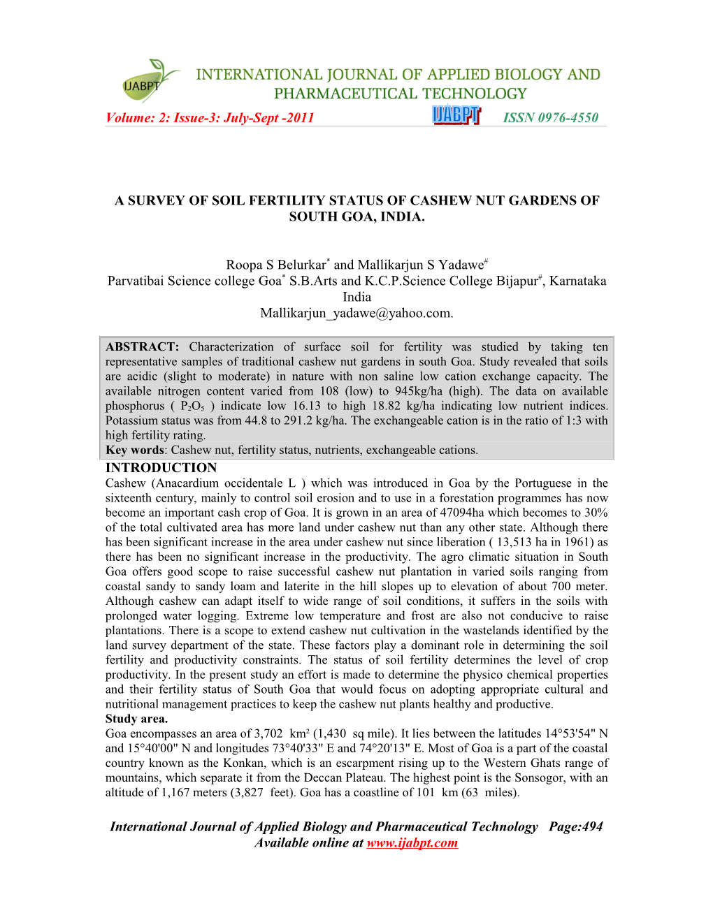 A Survey of Soil Fertility Status of Cashewnut Gardens of South Goa