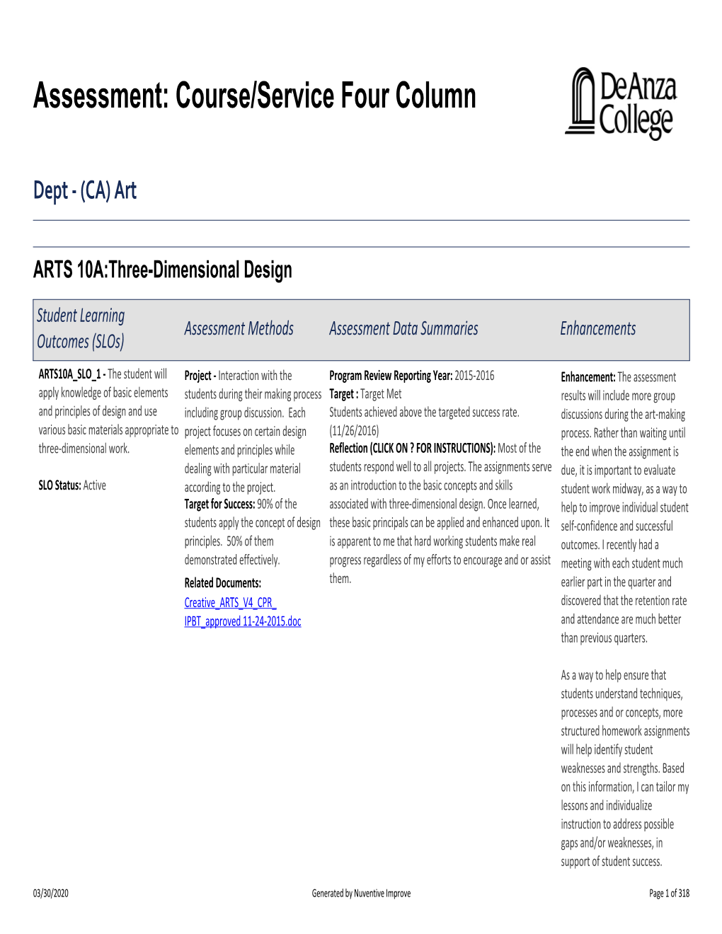 Assessment: Course/Service Four Column