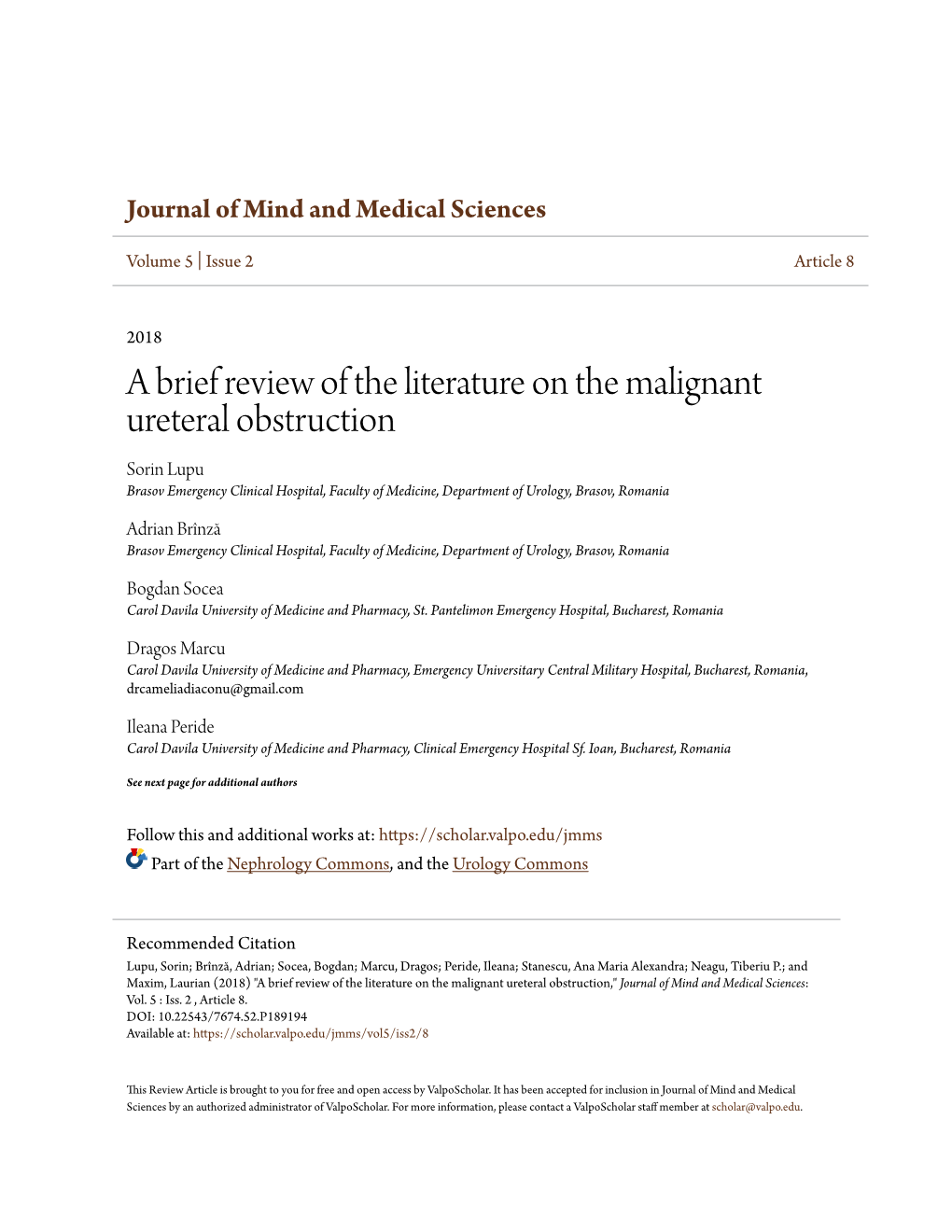 A Brief Review of the Literature on the Malignant Ureteral Obstruction