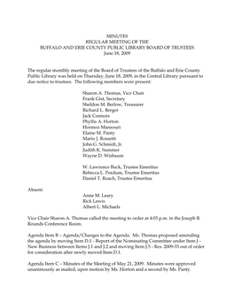 MINUTES REGULAR MEETING of the BUFFALO and ERIE COUNTY PUBLIC LIBRARY BOARD of TRUSTEES June 18, 2009