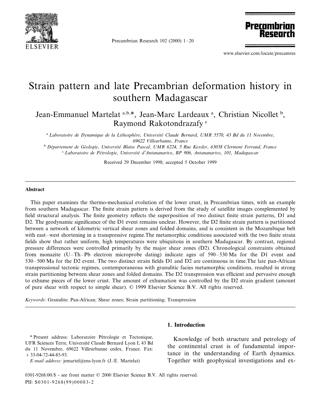 Strain Pattern and Late Precambrian Deformation History in Southern Madagascar