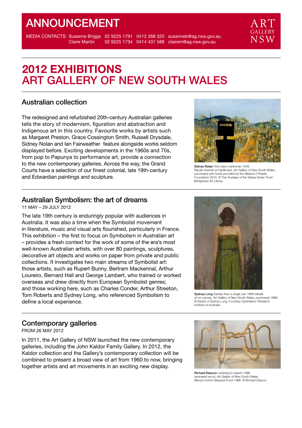 ANNOUNCEMENT 2012 EXHIBITIONS Art Gallery of New