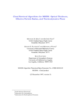Cloud Retrieval Algorithms for MODIS: Optical Thickness, Effective Particle Radius, and Thermodynamic Phase