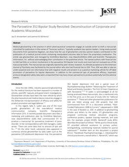 The Paroxetine 352 Bipolar Study Revisited: Deconstruction of Corporate and Academic Misconduct