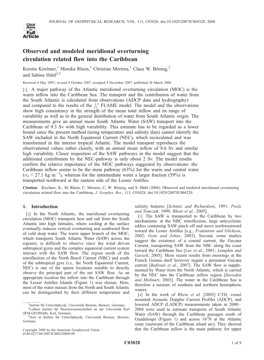 Observed and Modeled Meridional Overturning Circulation Related Flow Into the Caribbean Kerstin Kirchner,1 Monika Rhein,1 Christian Mertens,1 Claus W