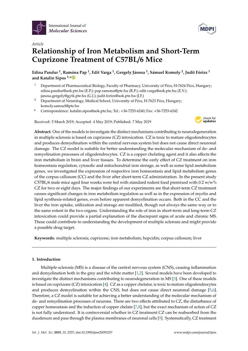 Relationship of Iron Metabolism and Short-Term Cuprizone Treatment of C57BL/6 Mice