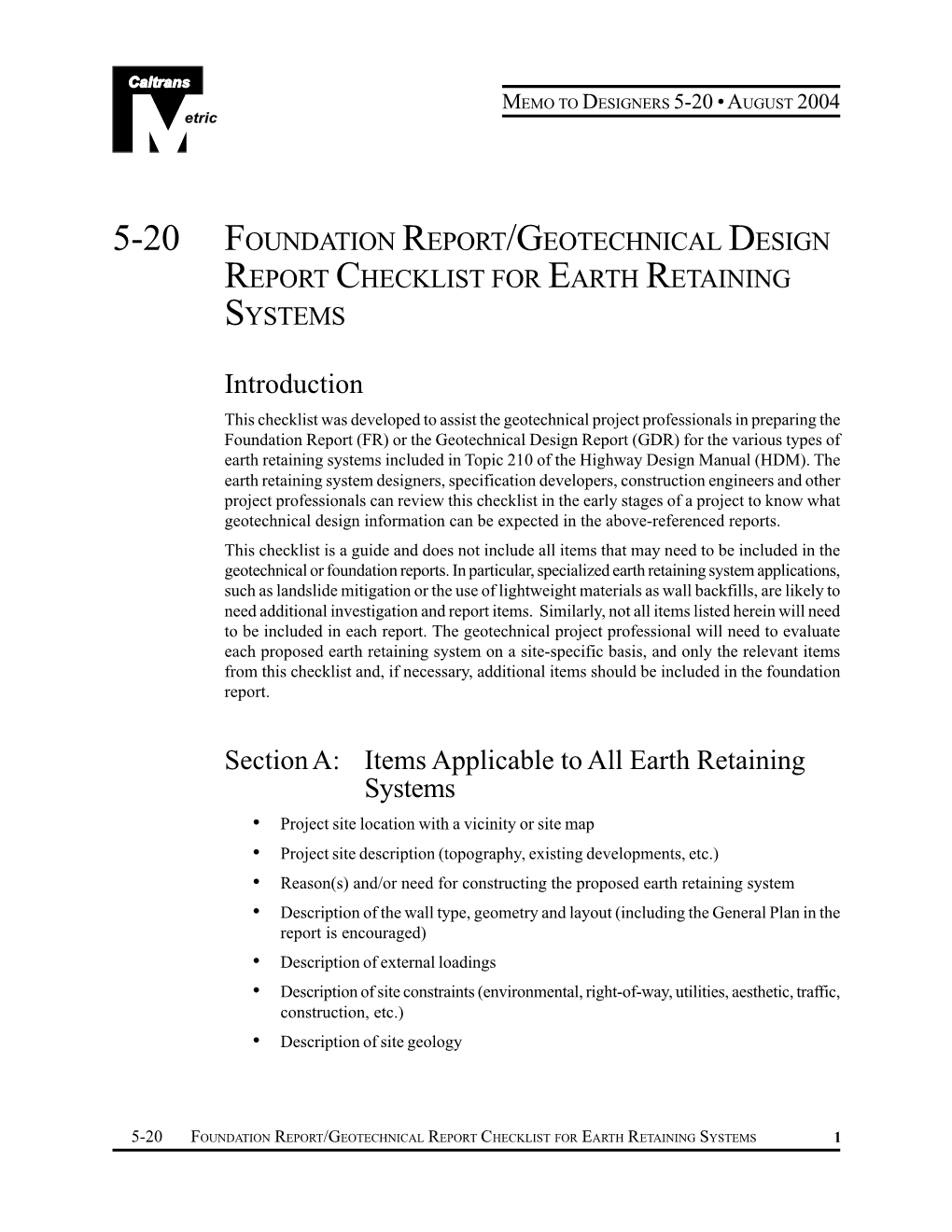 5-20 Foundation Report/Geotechnical Design Report Checklist for Earth Retaining Systems