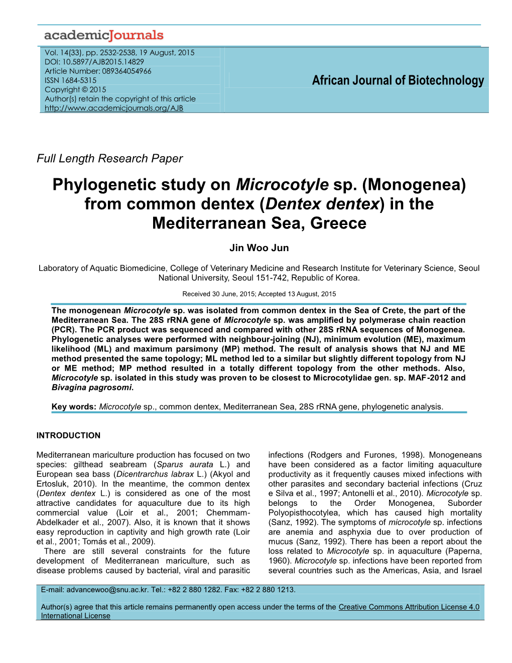 Phylogenetic Study on Microcotyle Sp. (Monogenea) from Common Dentex (Dentex Dentex) in the Mediterranean Sea, Greece