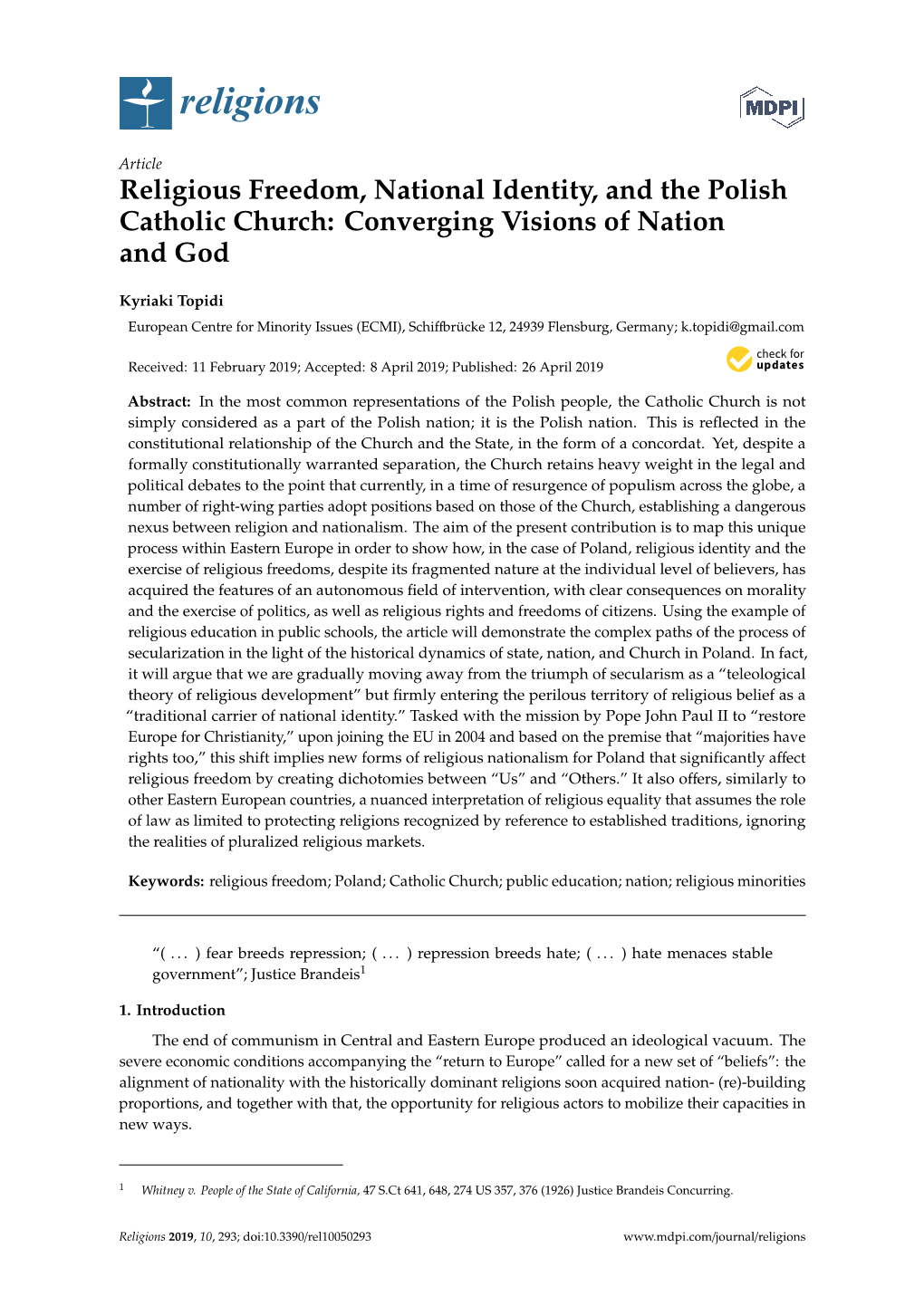 Religious Freedom, National Identity, and the Polish Catholic Church: Converging Visions of Nation and God