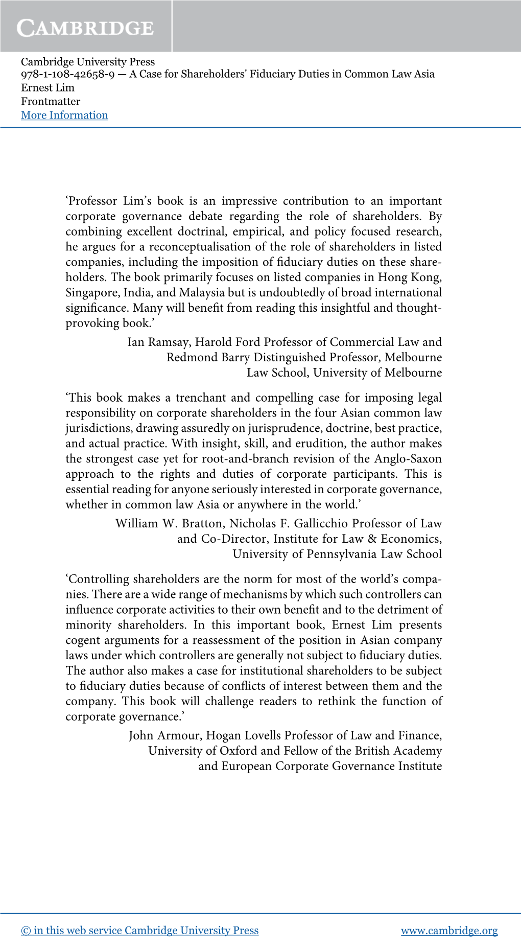 'Professor Lim's Book Is an Impressive Contribution to an Important Corporate Governance Debate Regarding the Role of Shareh