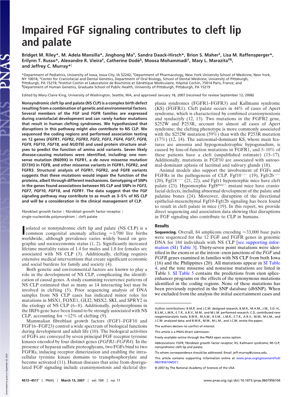 Impaired FGF Signaling Contributes to Cleft Lip and Palate