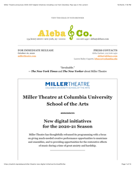 Miller Theatre Announces 2020-2021 Digital Initiatives Including Live from Columbia: Pop-Ups in the Lantern 10/16/20, 1(18 PM
