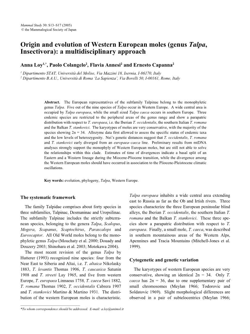 Origin and Evolution of Western European Moles (Genus Talpa, Insectivora): a Multidisciplinary Approach