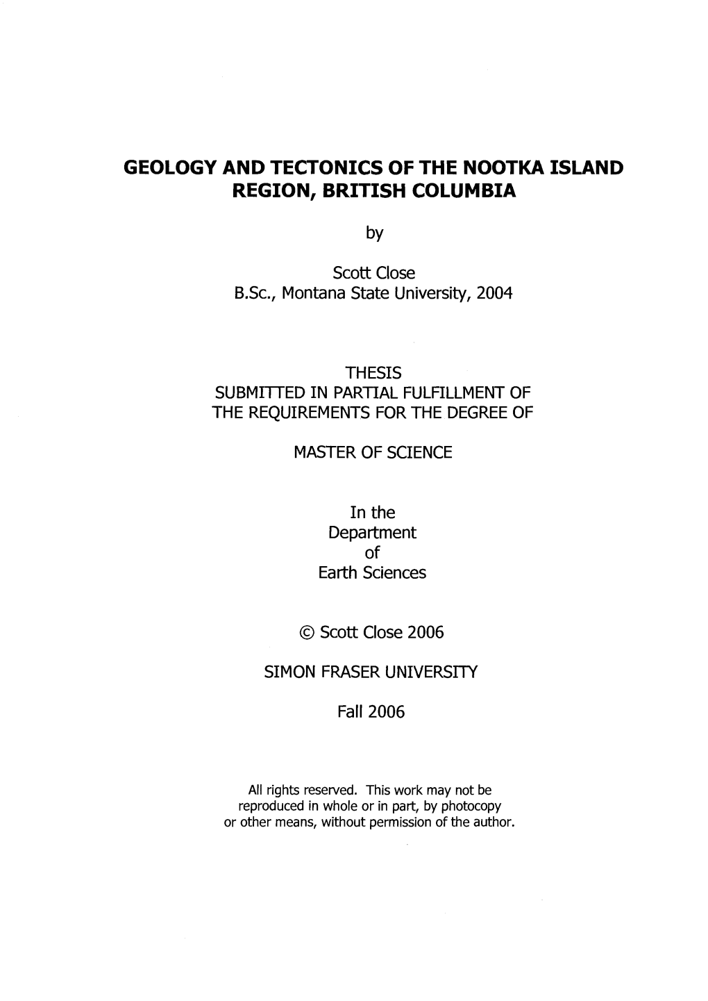 Geology and Tectonics of the Nootka Island Region, British Columbia