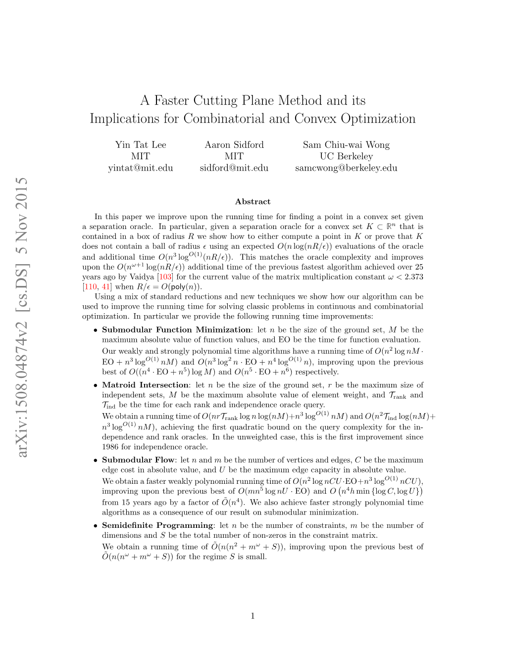 A Faster Cutting Plane Method and Its Implications for Combinatorial and Convex Optimization