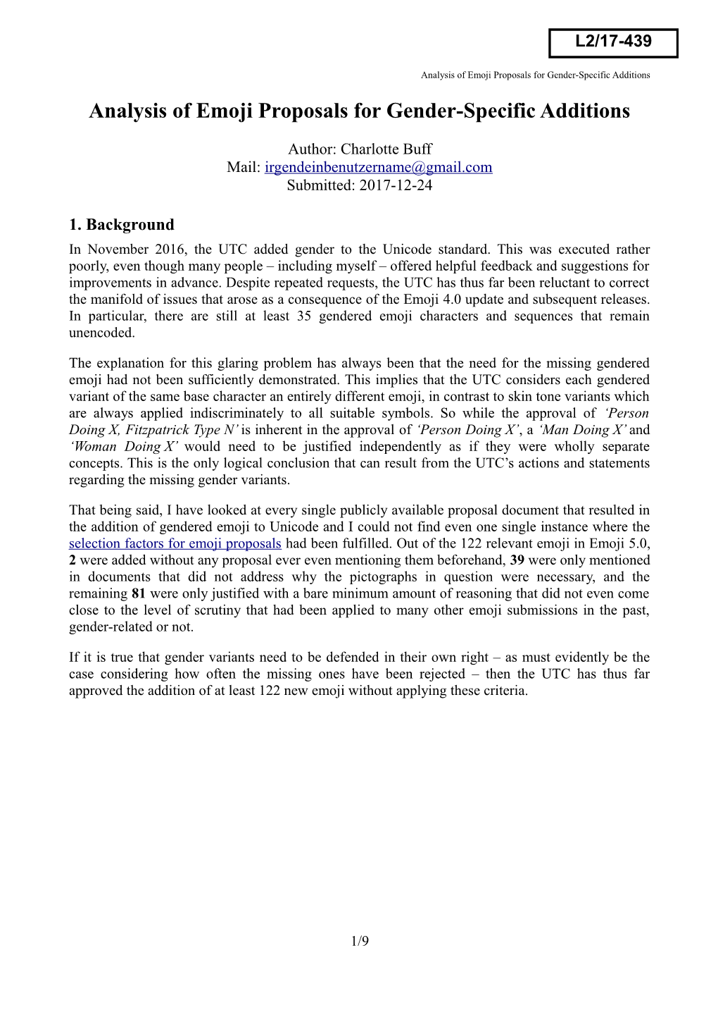 Analysis of Emoji Proposals for Gender‐Specific Additions Analysis of Emoji Proposals for Gender‐Specific Additions