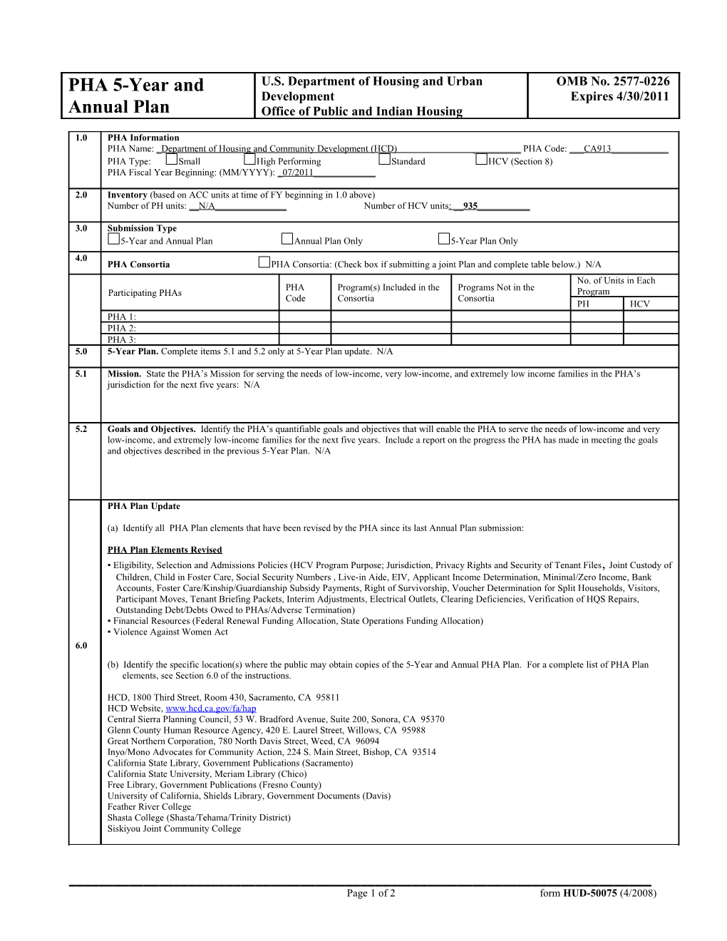 Page 2 of 2 Form HUD-50075 (4/2008)