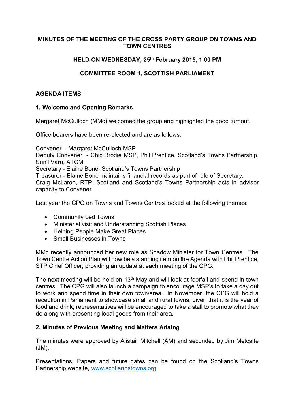 Minutes of the Meeting of the Cross Party Group on Towns and Town Centres