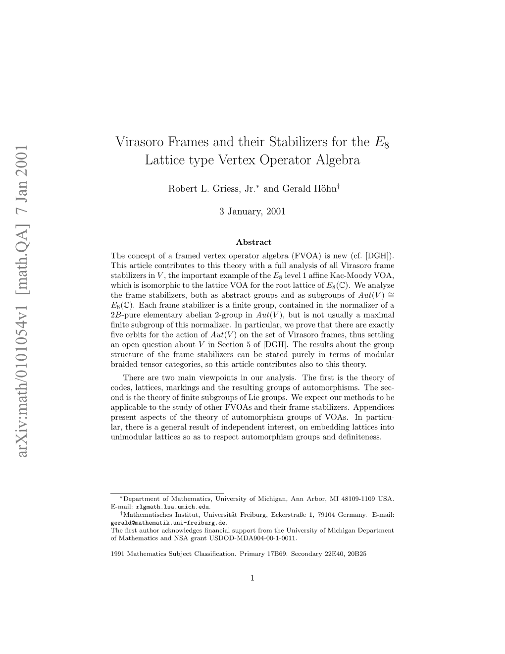 Virasoro Frames and Their Stabilizers for the E8 Lattice Type Vertex