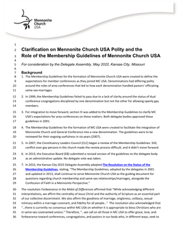 Clarification on Mennonite Church USA Polity and the Role of The