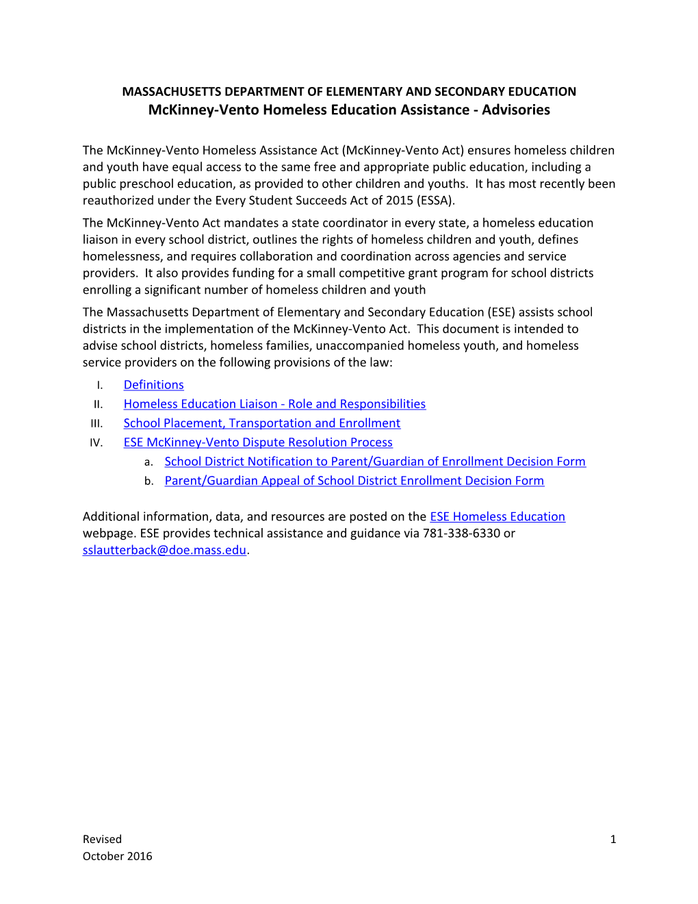 Mckinney-Vento Homeless Education Assistance Advisories