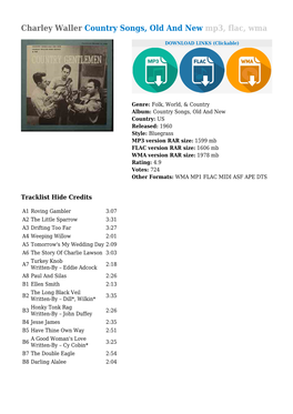 Charley Waller Country Songs, Old and New Mp3, Flac, Wma