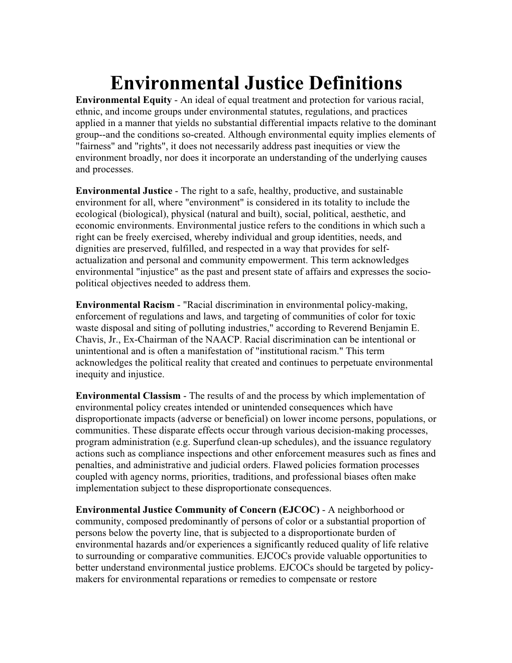 Environmental Justice Definitions