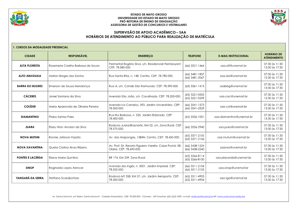 Supervisão De Apoio Acadêmico – Saa Horários De Atendimento Ao Público Para Realização De Matrícula