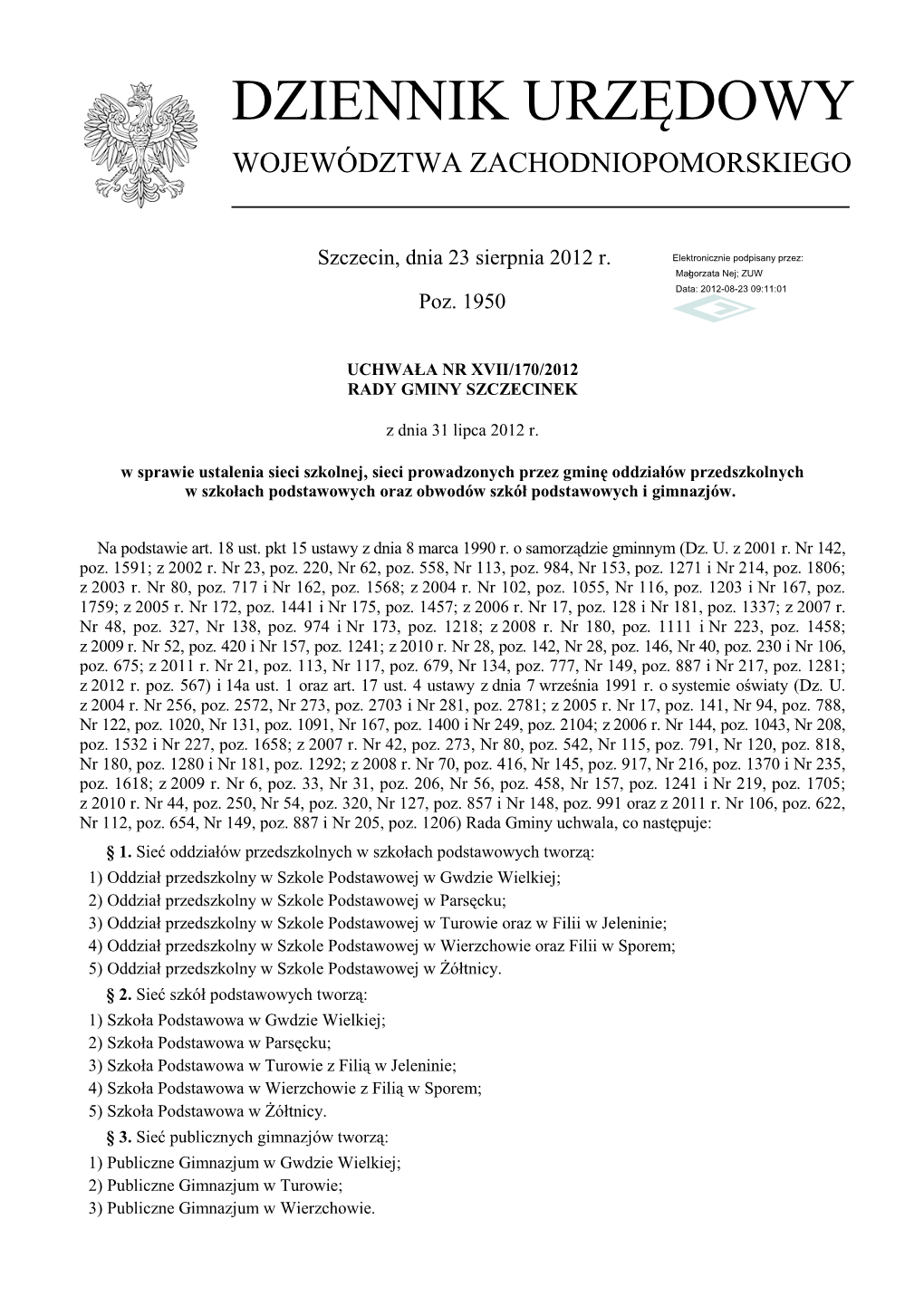 Uchwała Nr XVII/170/2012 Z Dnia 31 Lipca 2012 R