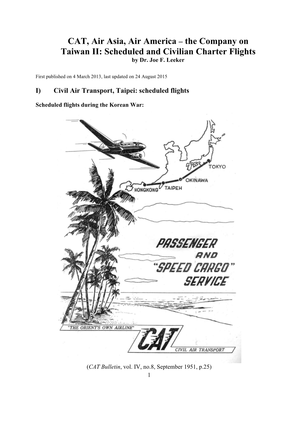 CAT, Air Asia, Air America – the Company on Taiwan II: Scheduled and Civilian Charter Flights by Dr