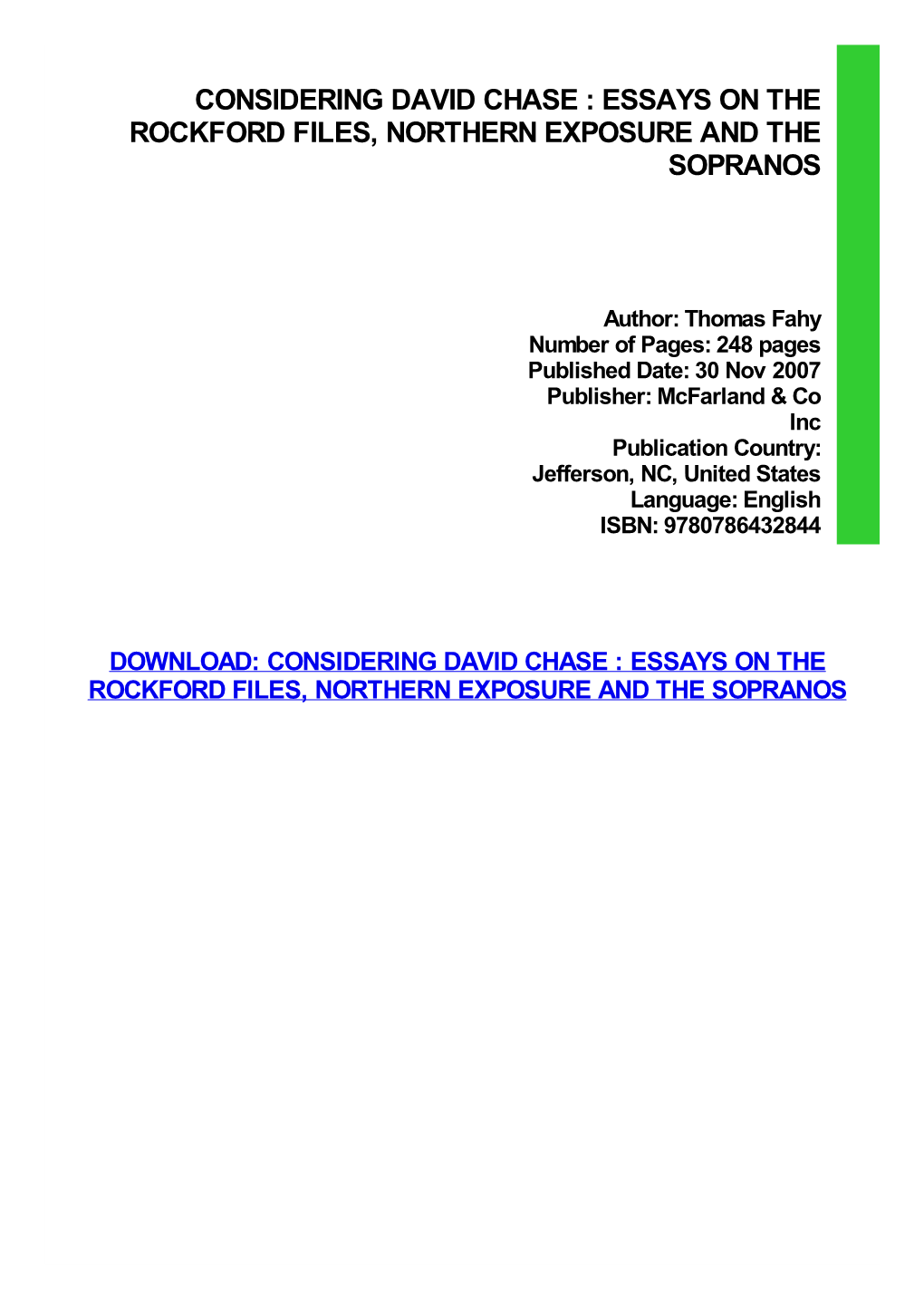 Considering David Chase : Essays on the Rockford Files, Northern Exposure and the Sopranos