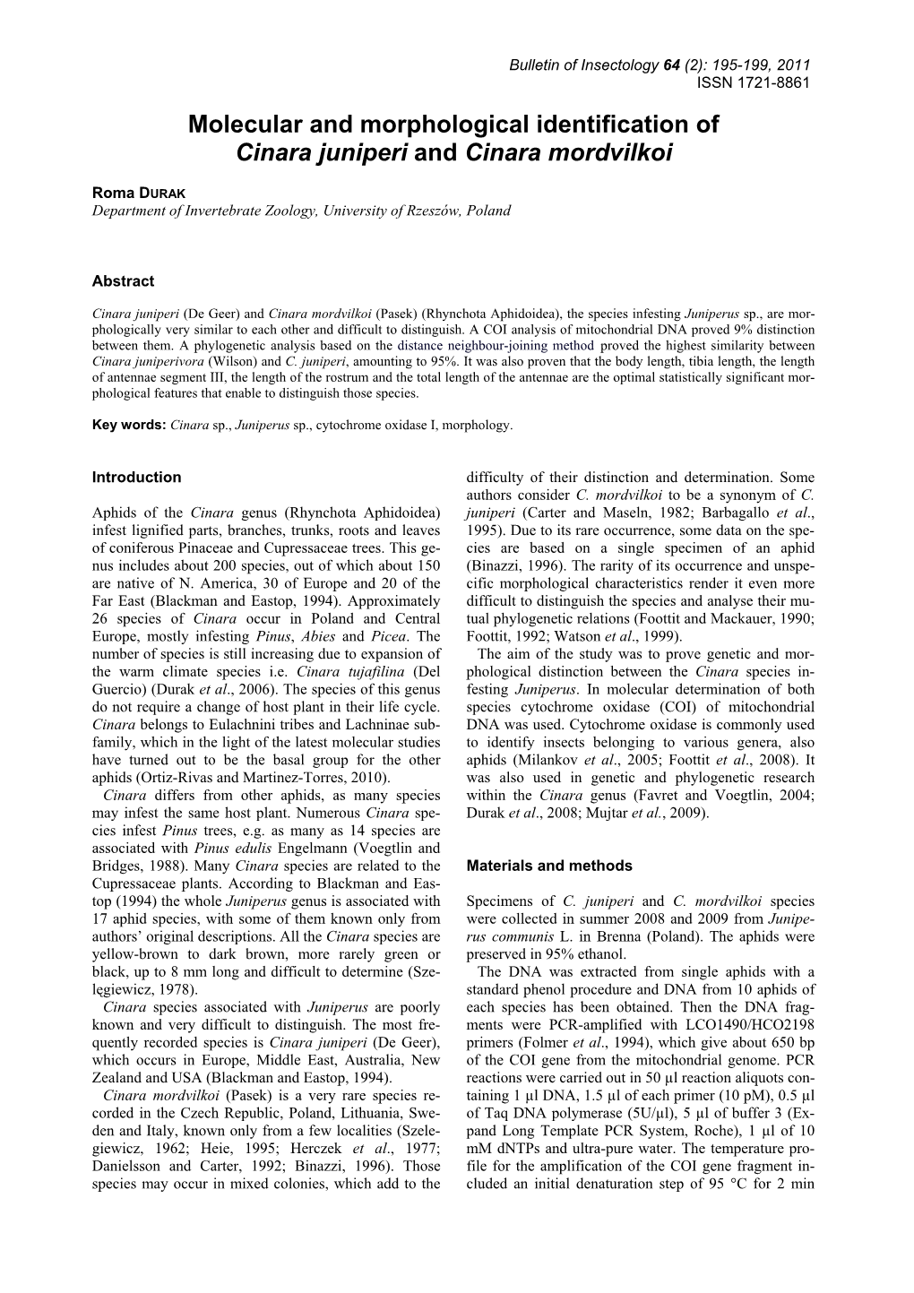 Molecular and Morphological Identification of Cinara Juniperi and Cinara Mordvilkoi