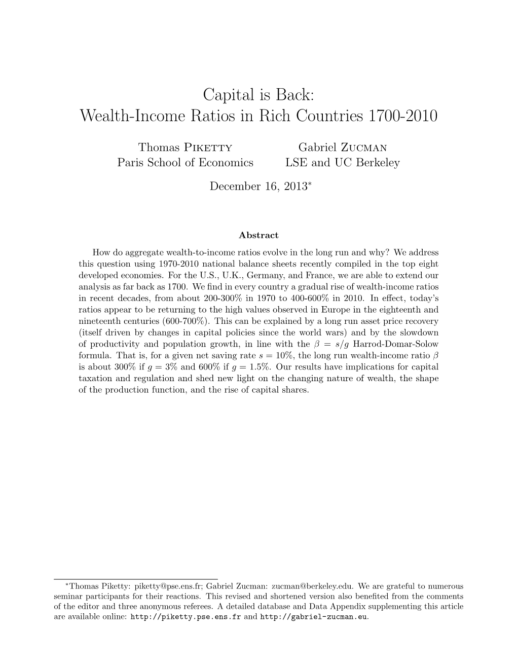 Capital Is Back: Wealth-Income Ratios in Rich Countries 1700-2010