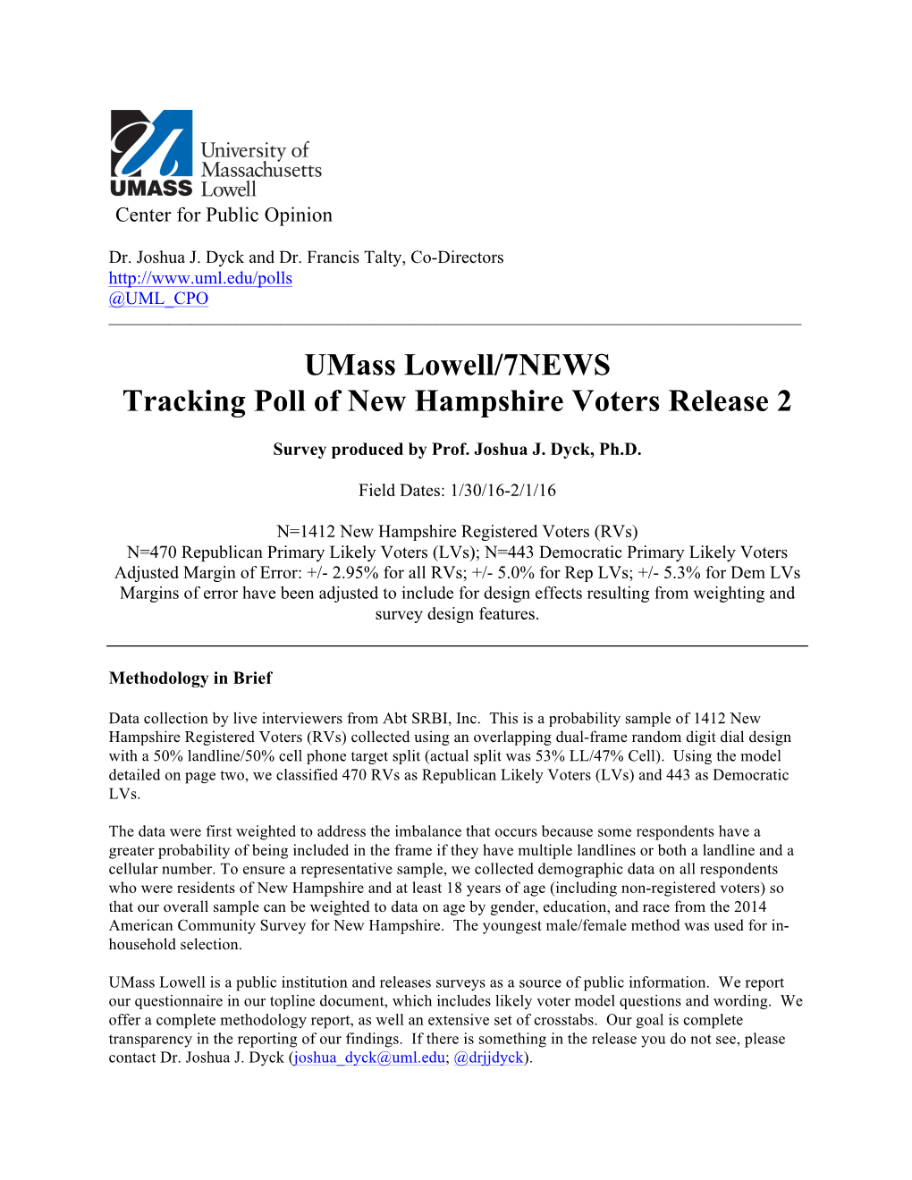 Umass Lowell/7NEWS Tracking Poll of New Hampshire Voters Release 2