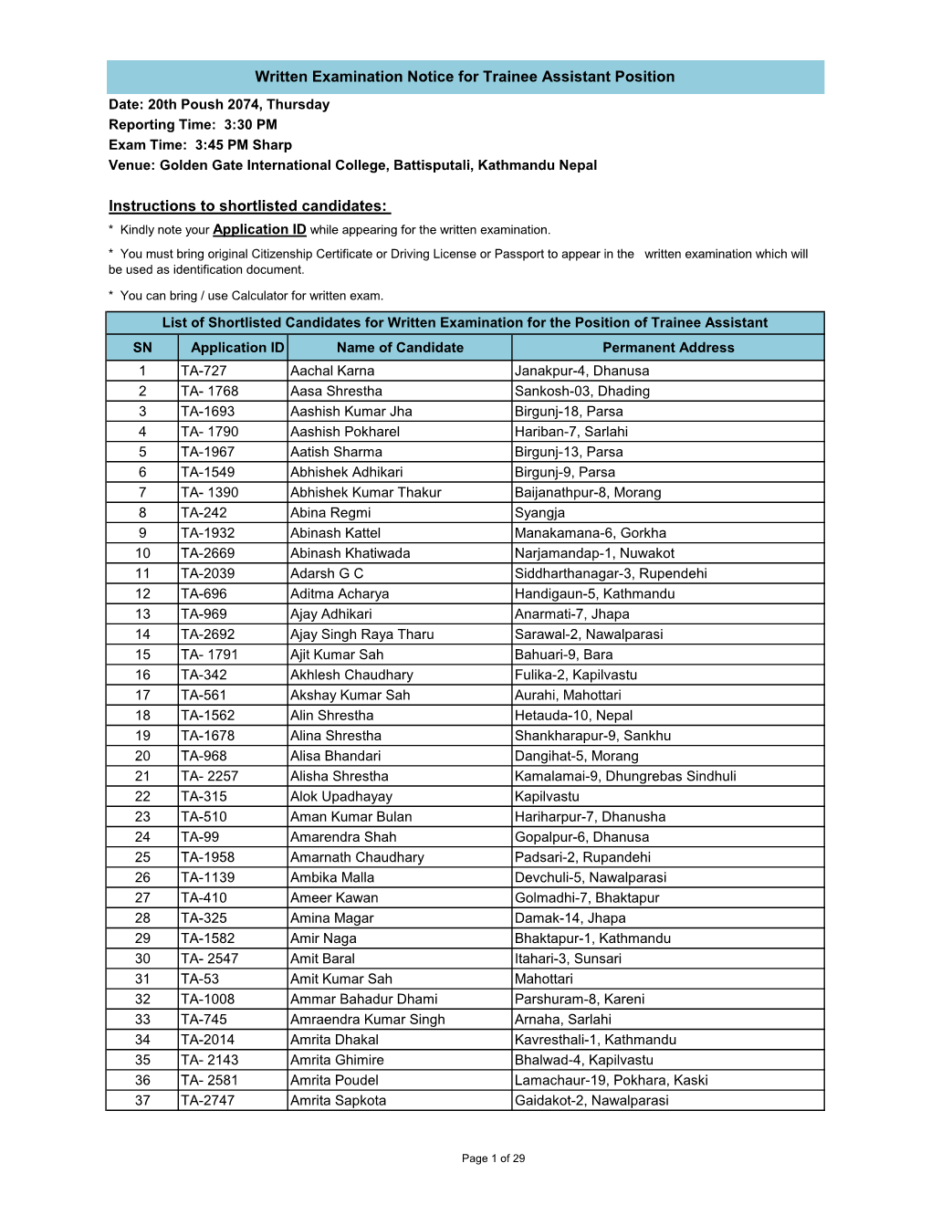 Written Examination Notice for Trainee Assistant Position Instructions to Shortlisted Candidates