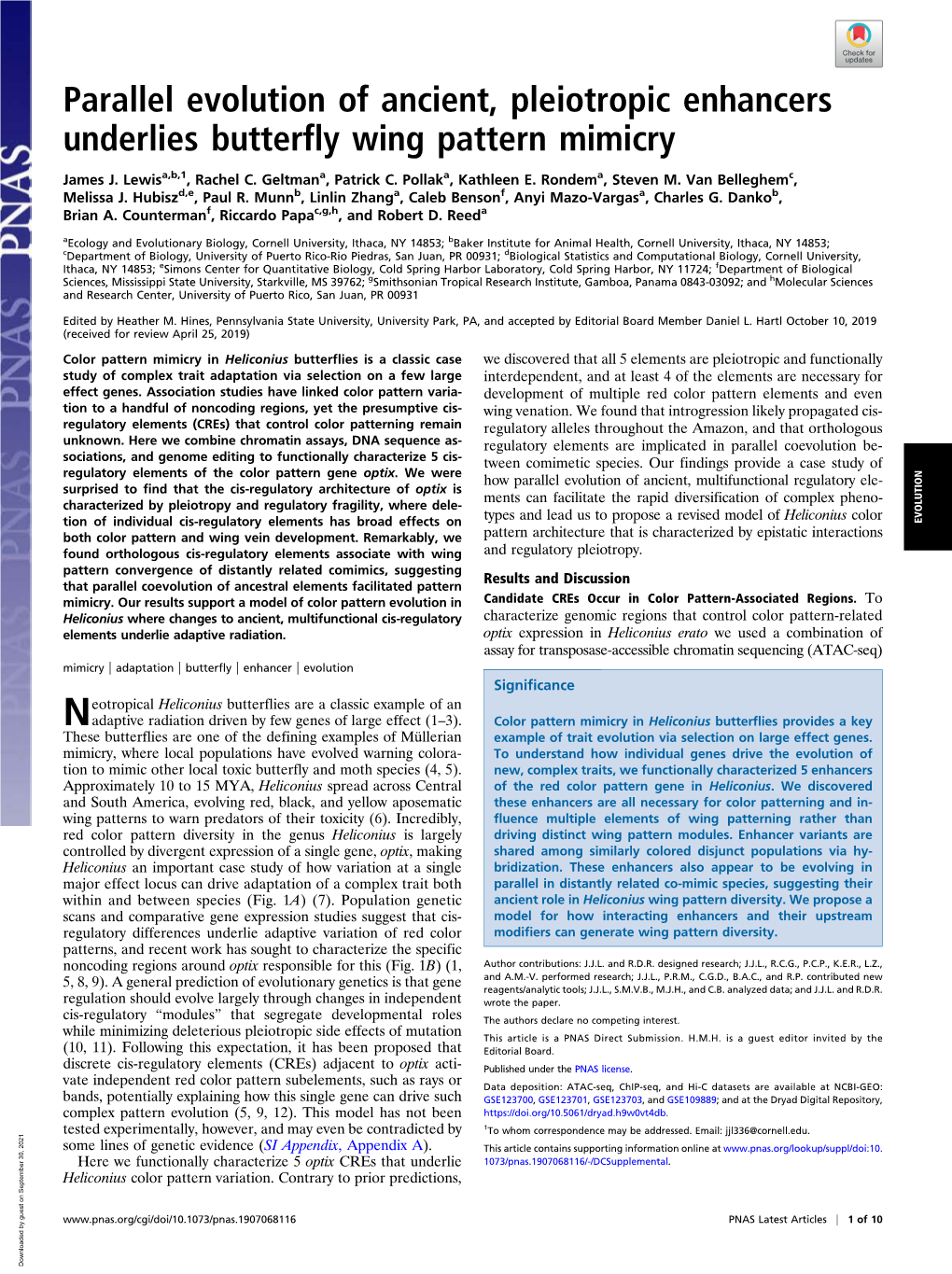 Parallel Evolution of Ancient, Pleiotropic Enhancers Underlies Butterfly Wing Pattern Mimicry