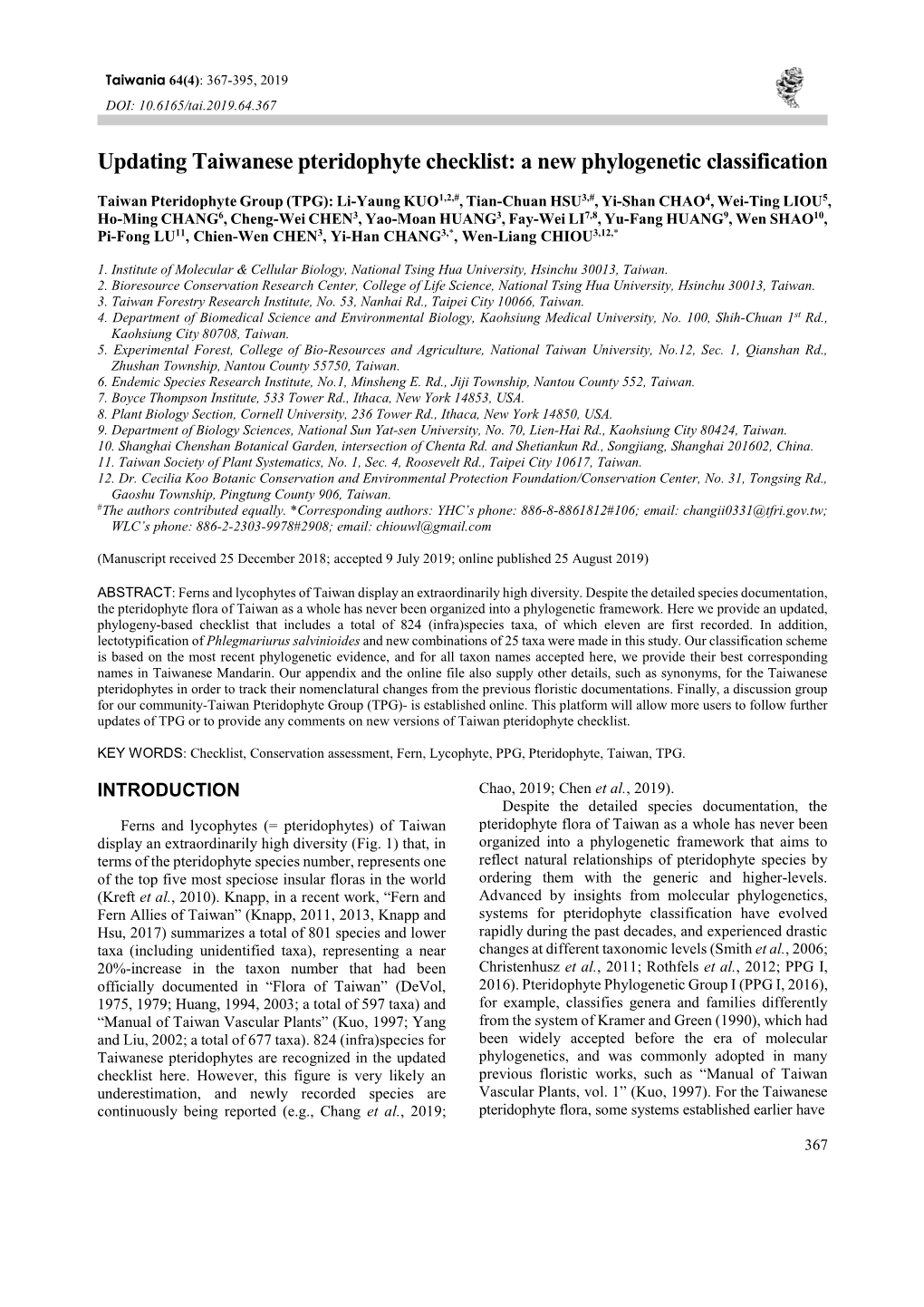 Updating Taiwanese Pteridophyte Checklist: a New Phylogenetic Classification