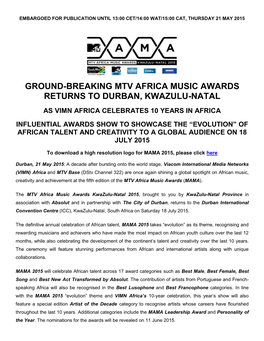 Ground-Breaking Mtv Africa Music Awards Returns to Durban, Kwazulu